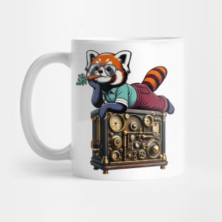 Red Panda Relaxing on Vintage Radio - Unique Digital Art Mug